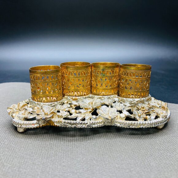 Vintage SAM FINK Ormolu Filigree Lipstick Holder Tray Hollywood Regency Vanity - Picture 1 of 14